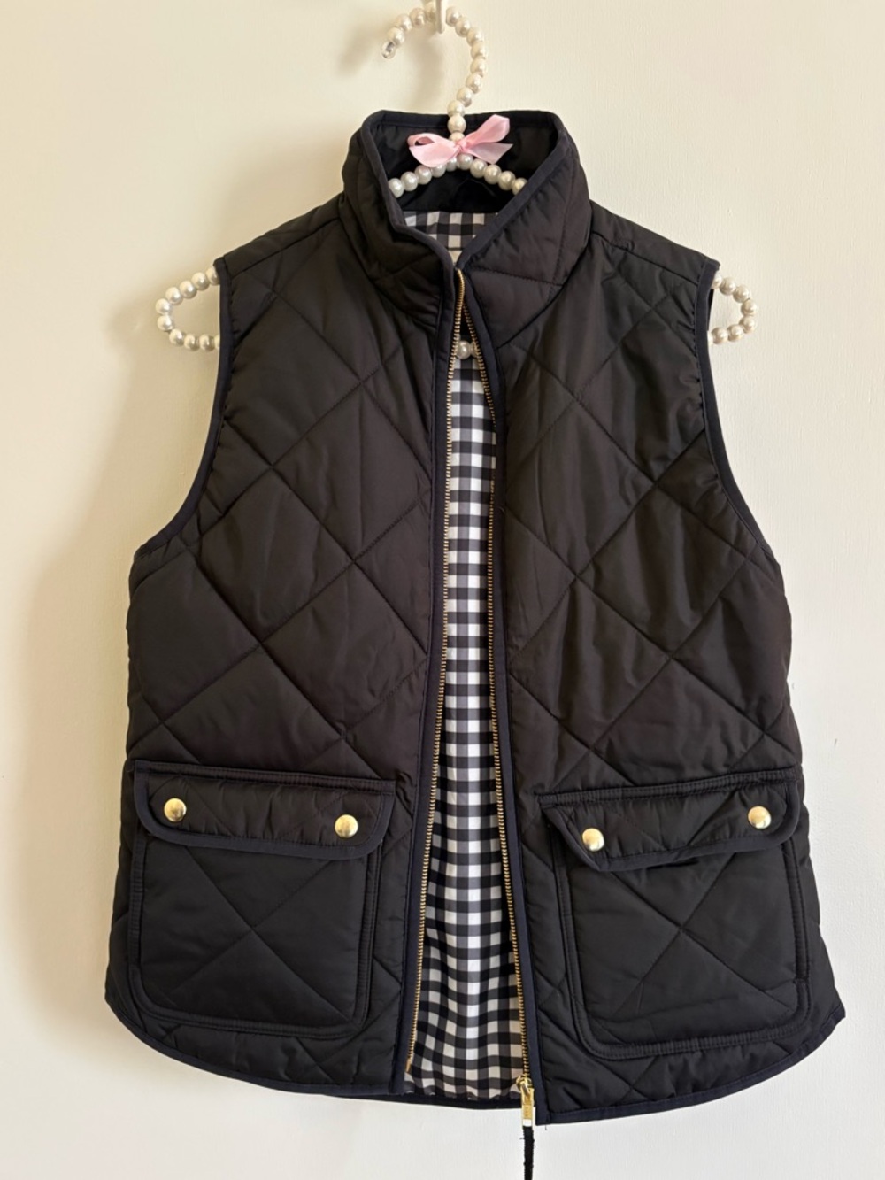 JCrew Classic Black Quilted Outerwear Vest with Gingham Lining size small